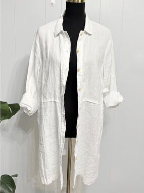 #10)  PureJill Classic White Linen Long Coat –  Button-Front Shirt jacket